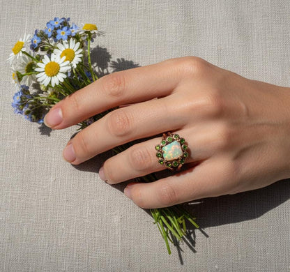 925 Sterling Silver Raw Opal Halo Ring