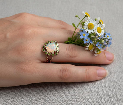 925 Sterling Silver Raw Opal Halo Ring