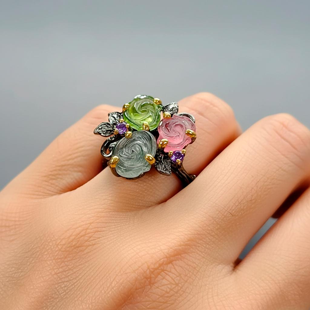 925 Sterling Silver Bouquet Tourmaline Flower Ring