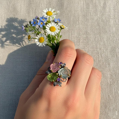 925 Sterling Silver Bouquet Tourmaline Flower Ring