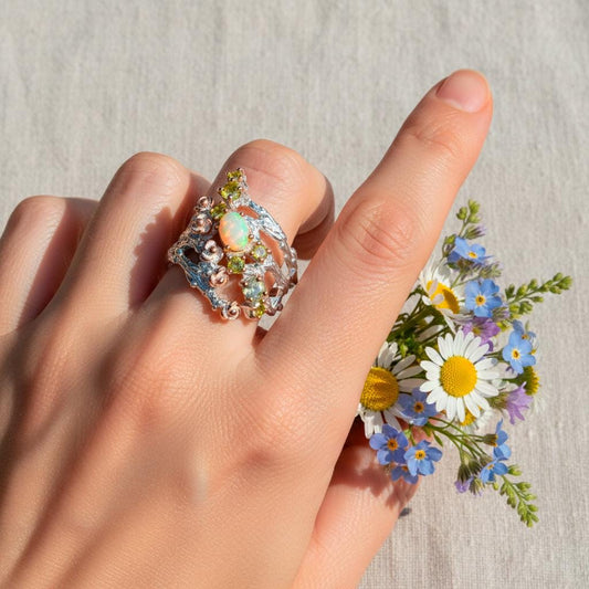 925 Sterling Silver Rainbow Opal Branch Ring