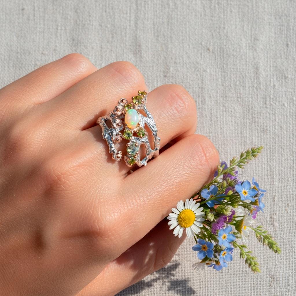 925 Sterling Silver Rainbow Opal Branch Ring