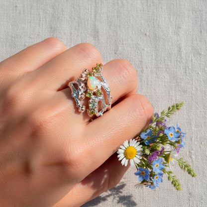 925 Sterling Silver Rainbow Opal Branch Ring
