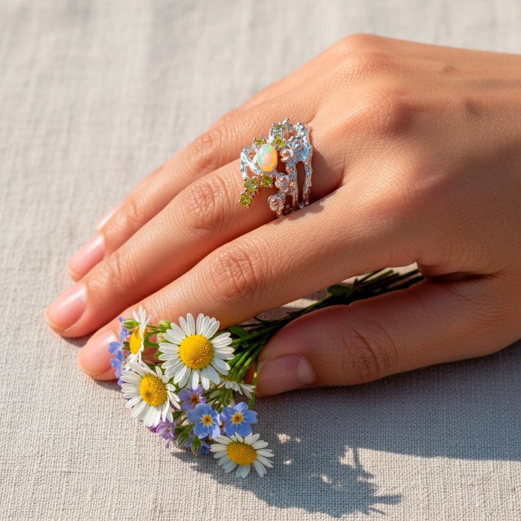 925 Sterling Silver Rainbow Opal Branch Ring