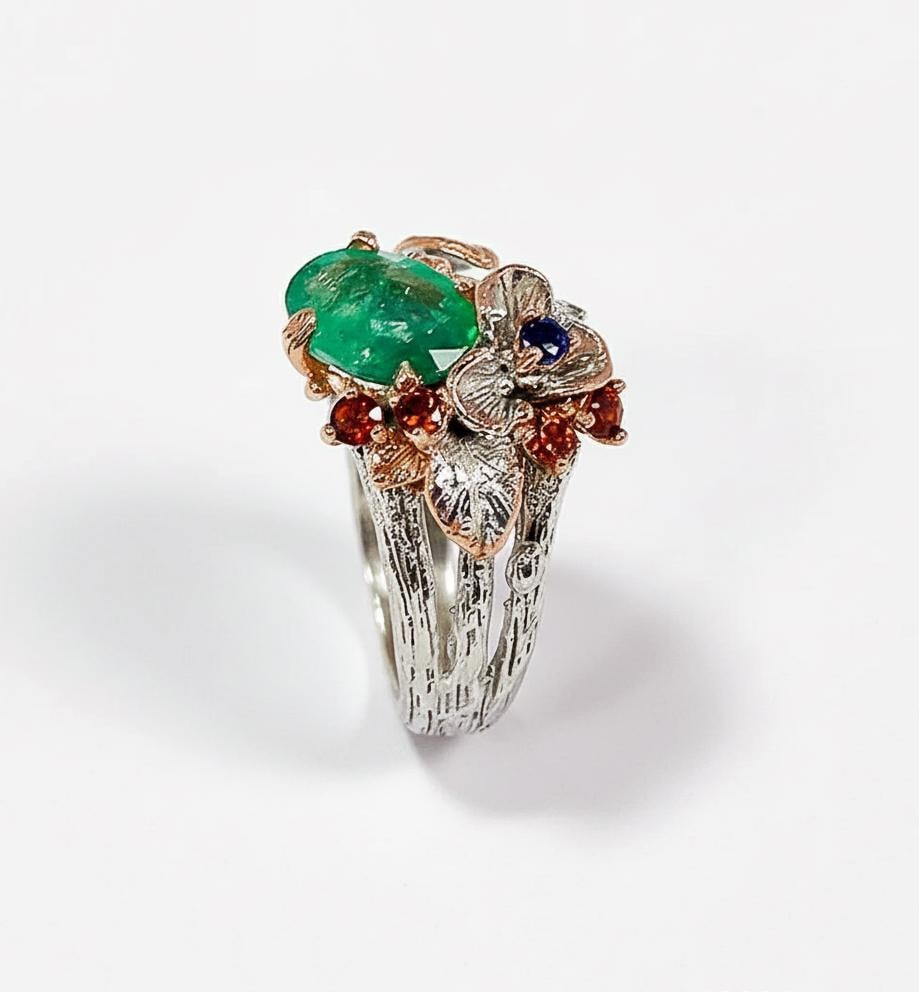 925 Sterling Silver Emerald Nature Ring