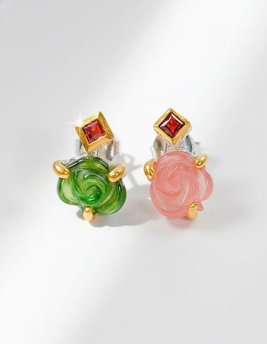 925 Sterling Silver Flower Tourmaline Stud Earrings