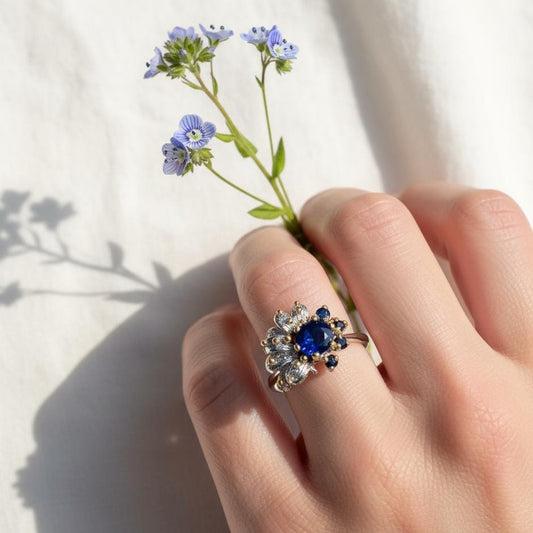 925 Sterling Silver Real Sapphire Flower Ring