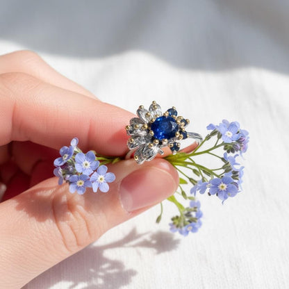 925 Sterling Silver Real Sapphire Flower Ring