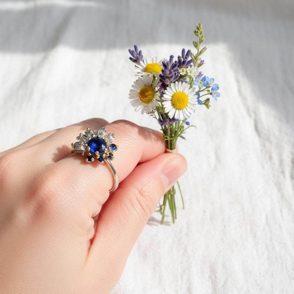 925 Sterling Silver Real Sapphire Flower Ring