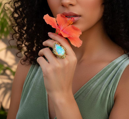925 Sterling Silver Fire Opal Statement Ring