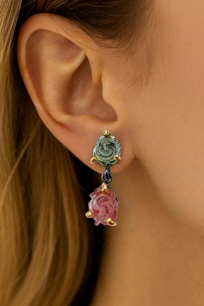 925 Sterling Silver Pink Green Tourmaline Earrings