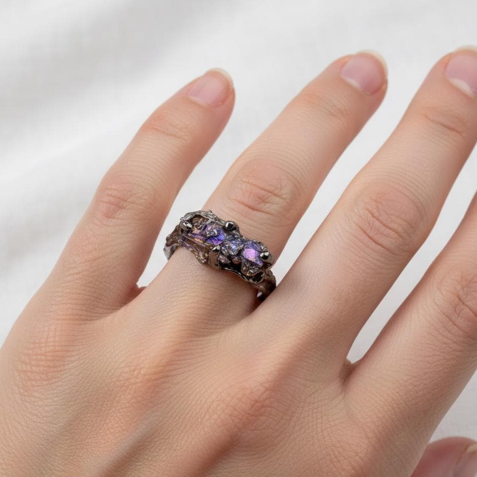 925 Sterling Silver Raw Bismuth Black Ring