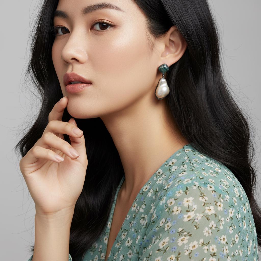 925 Sterling Silver Pearl Moss Agate Statement Earrings