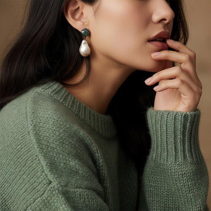 925 Sterling Silver Pearl Moss Agate Statement Earrings