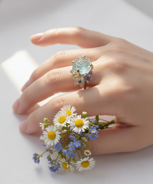 925 Sterling Silver Aquamarine Flower Ring