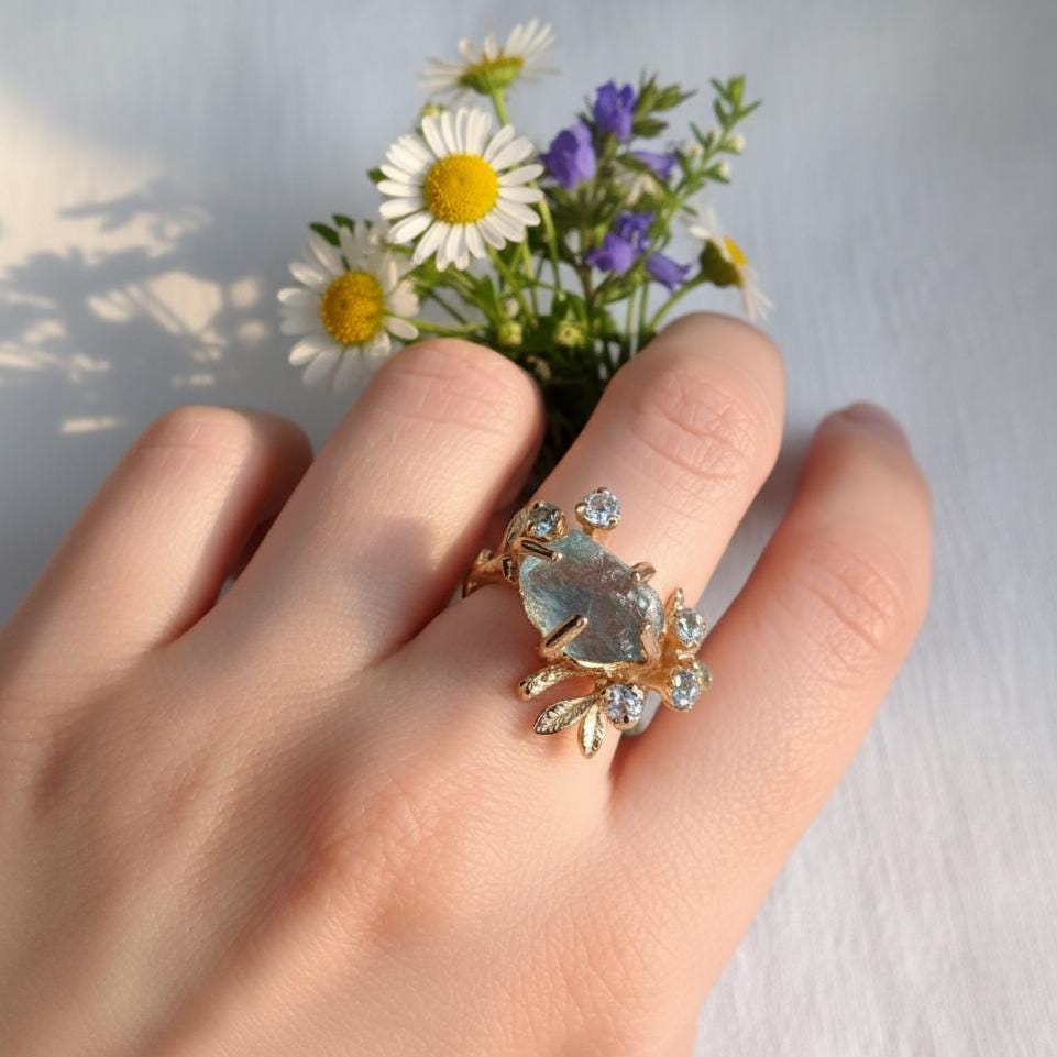 14K Solid Gold Raw Aquamarine Branch Ring
