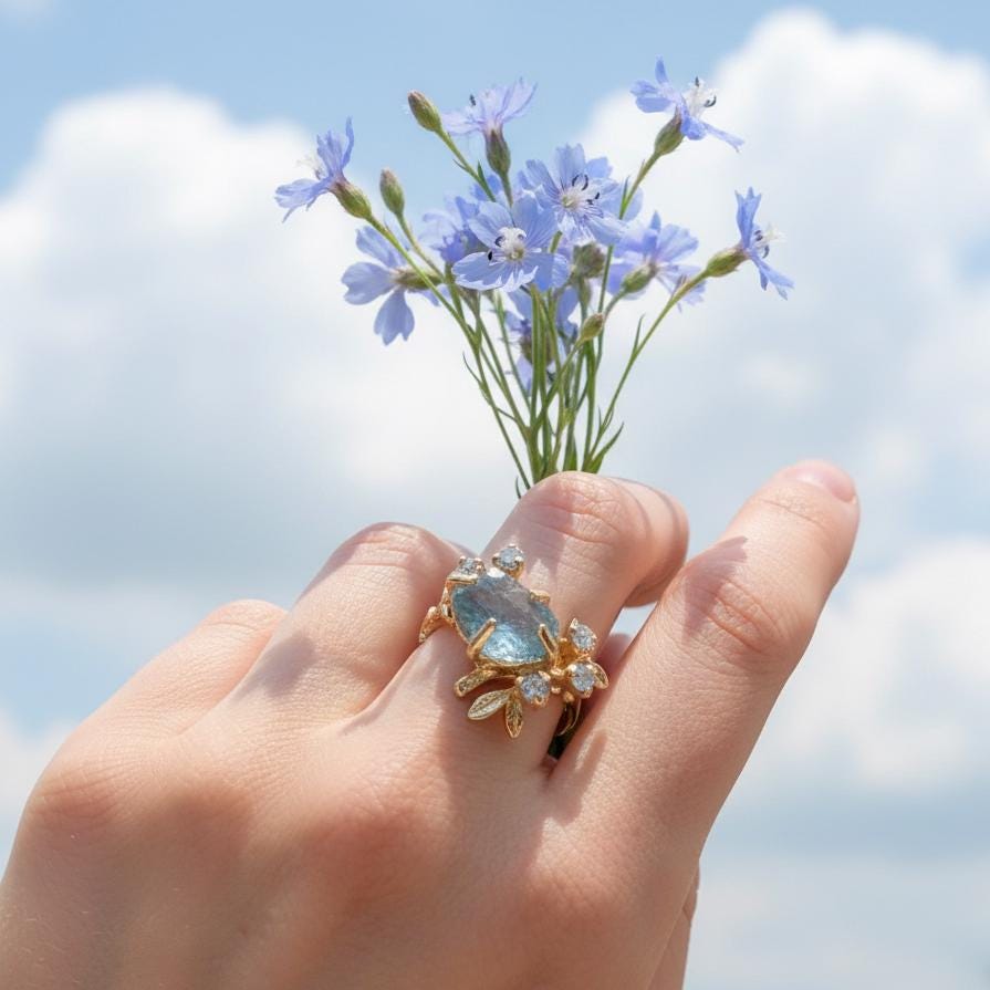 14K Solid Gold Raw Aquamarine Branch Ring