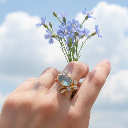 14K Solid Gold Raw Aquamarine Branch Ring