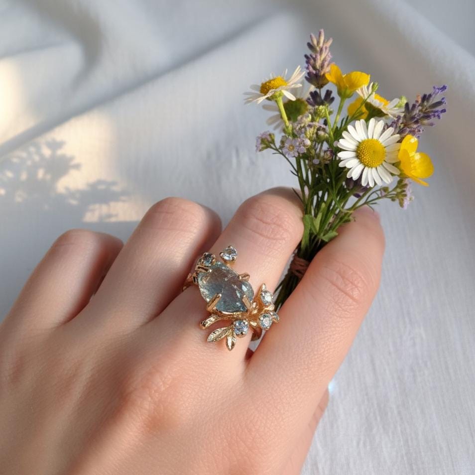 14K Solid Gold Raw Aquamarine Branch Ring