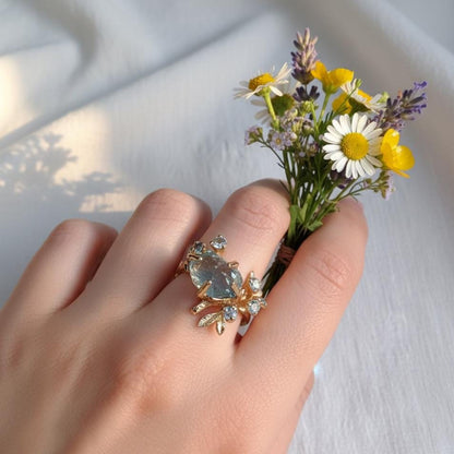 14K Solid Gold Raw Aquamarine Branch Ring