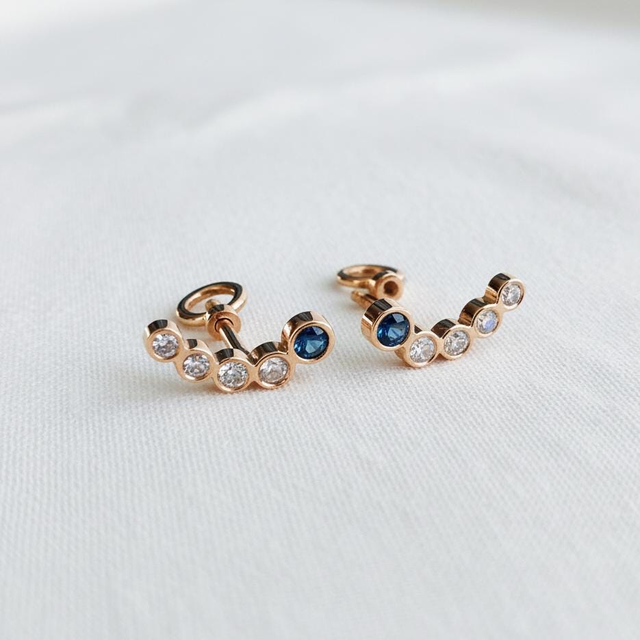 14K Solid Rose Gold Sapphire Ear Crawler Earrings