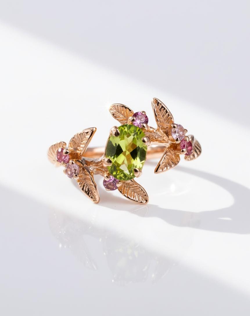 14K Solid Gold Green Peridot Spinel Ring