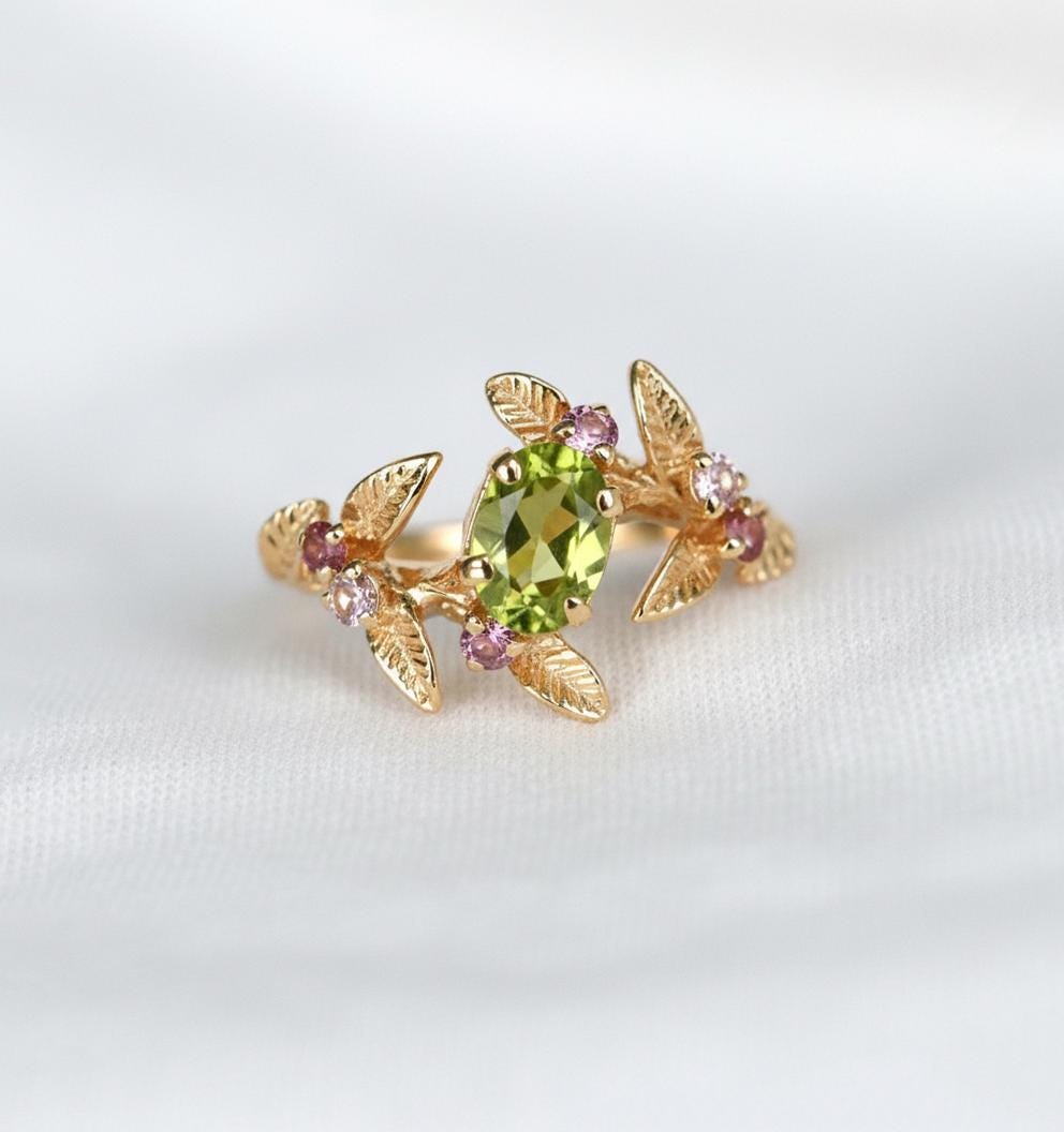 14K Solid Gold Green Peridot Spinel Ring