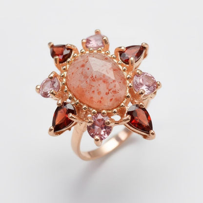 925 Sterling Silver Sunstone Halo Ring