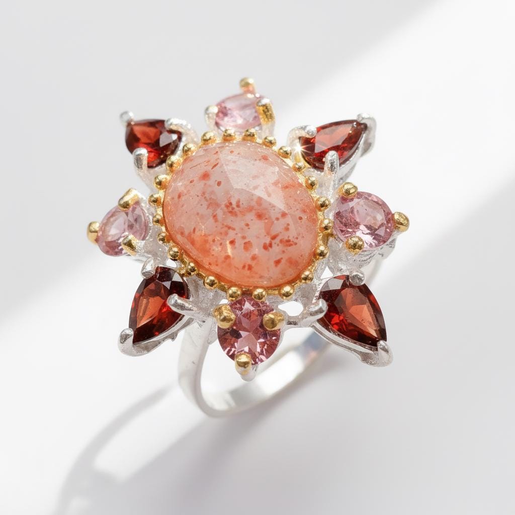 925 Sterling Silver Sunstone Halo Ring