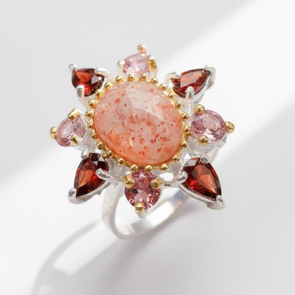 925 Sterling Silver Sunstone Halo Ring