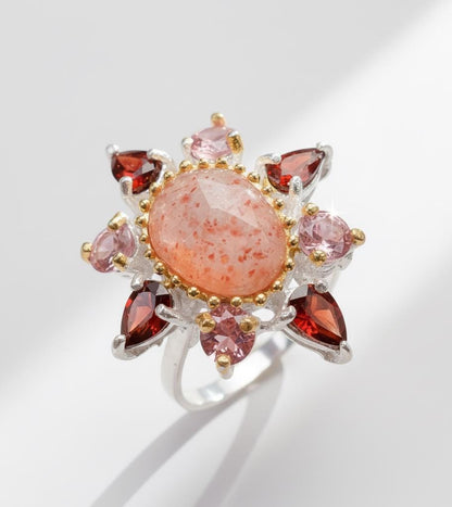 925 Sterling Silver Sunstone Halo Ring