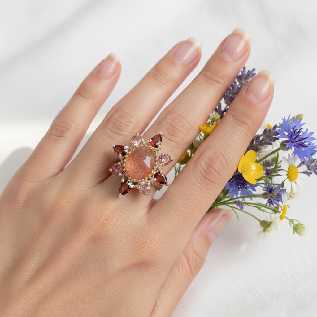 925 Sterling Silver Sunstone Halo Ring