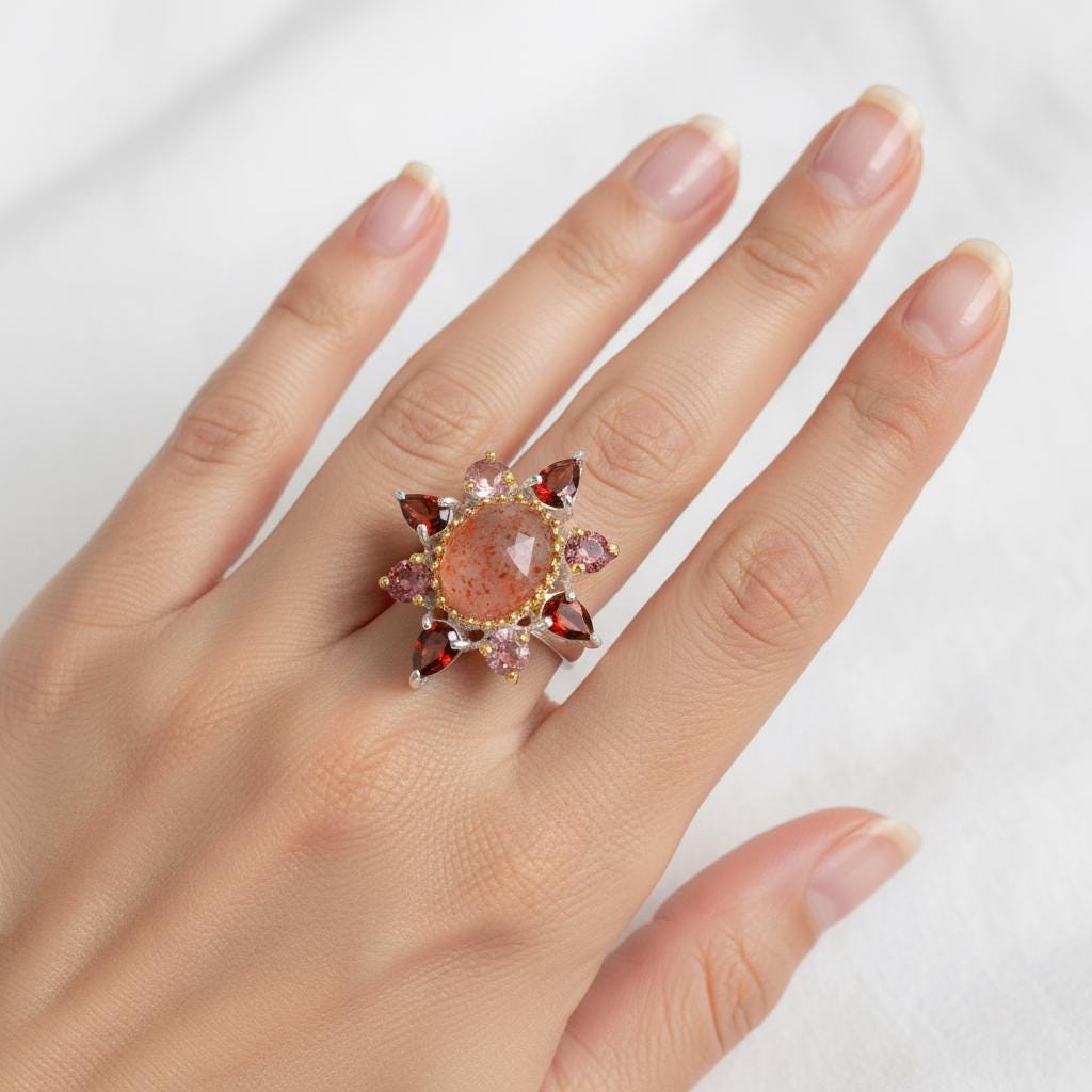 925 Sterling Silver Sunstone Halo Ring