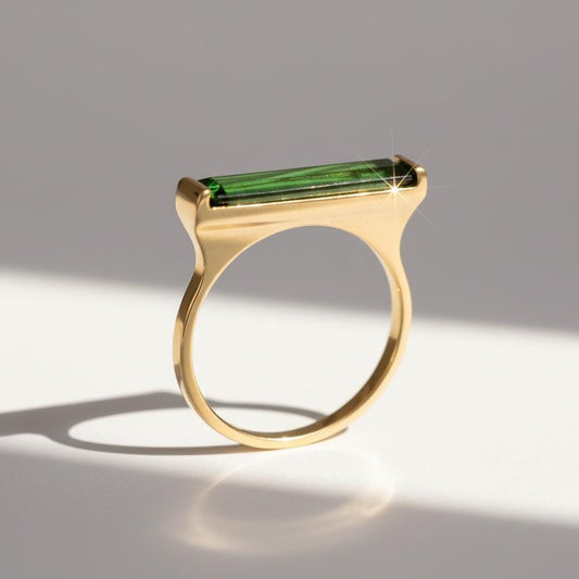 14K Solid Gold Tourmaline Long Bar Ring