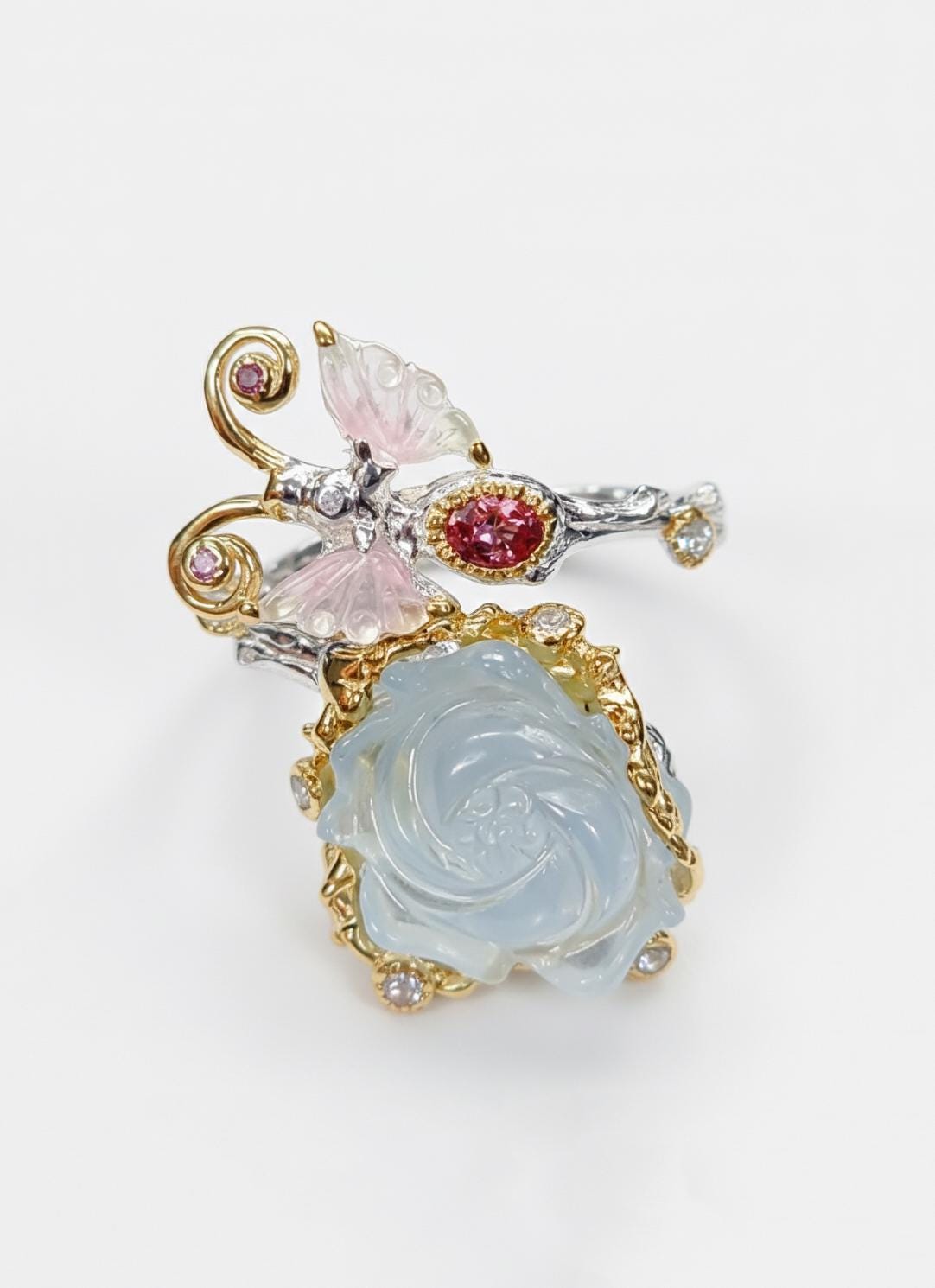 925 Sterling Silver Aquamarine Carved Rose Ring