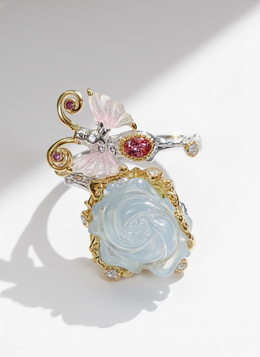 925 Sterling Silver Aquamarine Carved Rose Ring