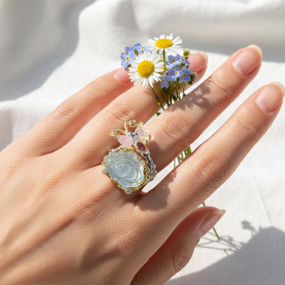 925 Sterling Silver Aquamarine Carved Rose Ring