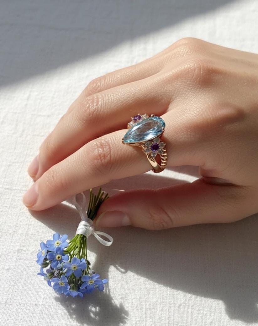 925 Sterling Silver Aquamarine Ring, close-up detail, image 12