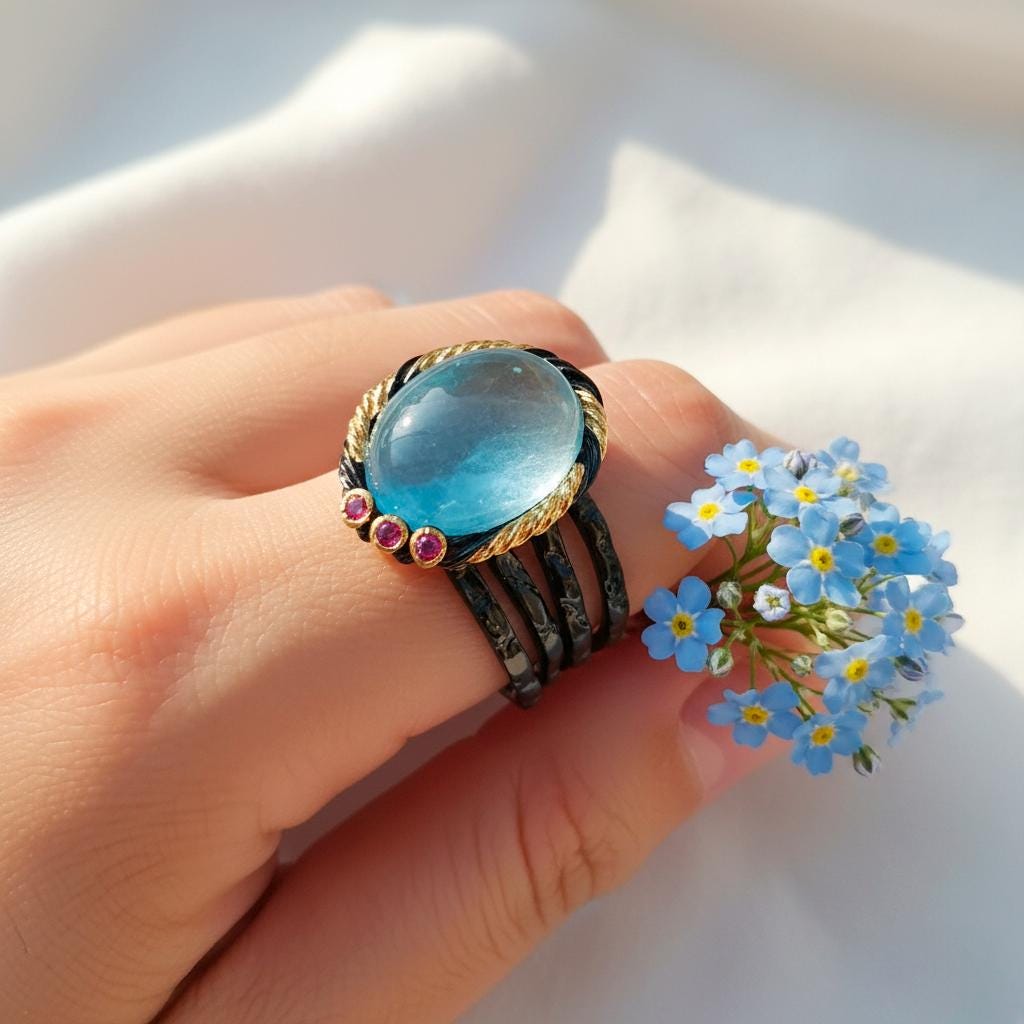 925 Sterling Silver Blue Aquamarine Branch Ring