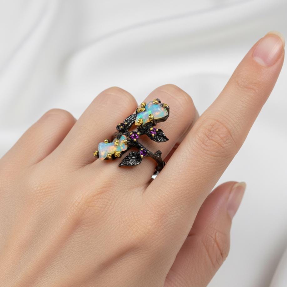 925 Sterling Silver Fire Opal Branch Ring