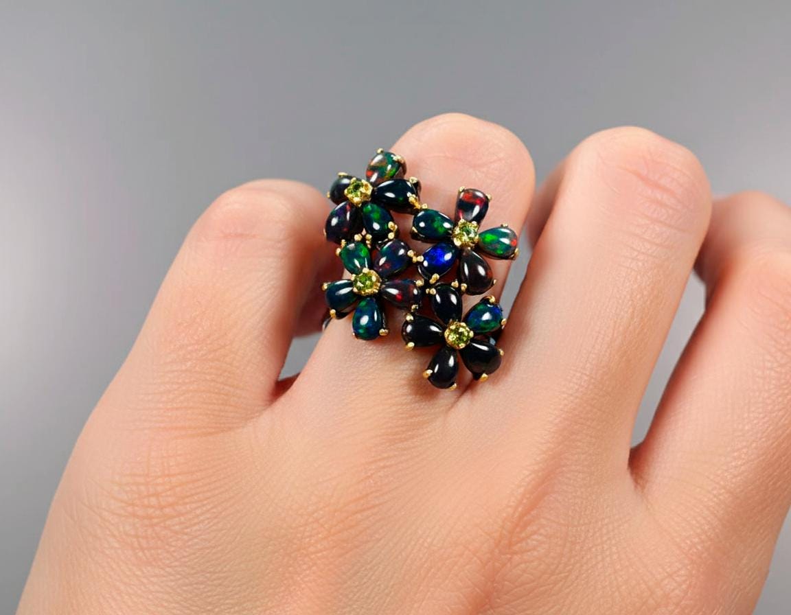 925 Sterling Silver Black Opal Floral Ring