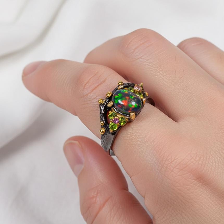 925 Sterling Silver Black Opal Branch Ring