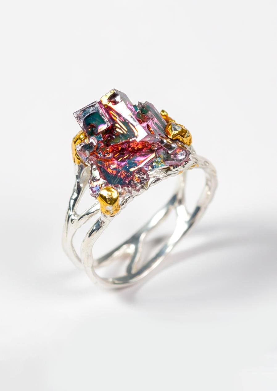 925 sterling silver rainbow bismuth rough ring