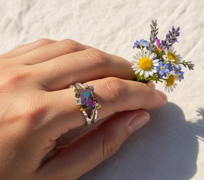 925 sterling silver rainbow bismuth rough ring