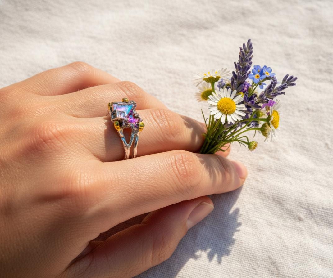 925 sterling silver rainbow bismuth rough ring