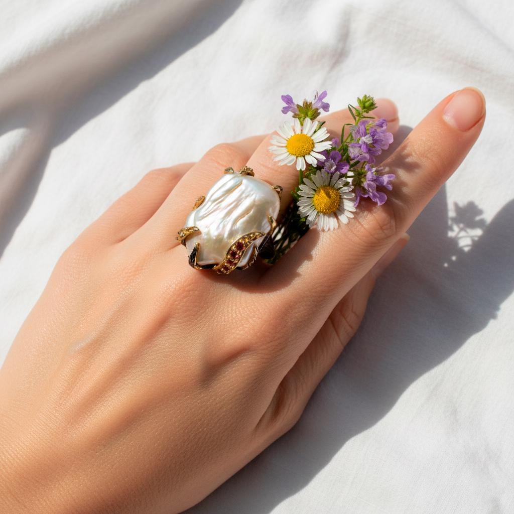 925 Sterling Silver Freshwater Pearl Ring, worn on hand
