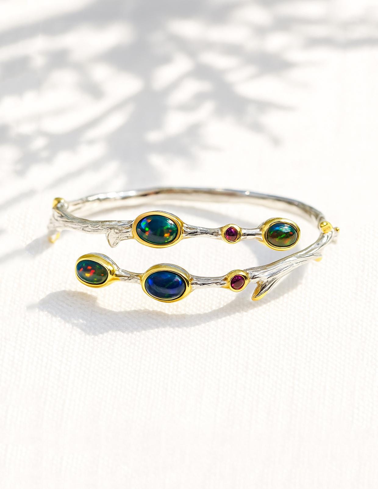 925 Sterling Silver Black Opal Branch Cuff Bracelet