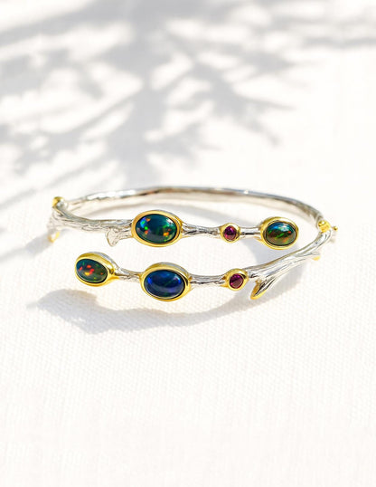 925 Sterling Silver Black Opal Branch Cuff Bracelet
