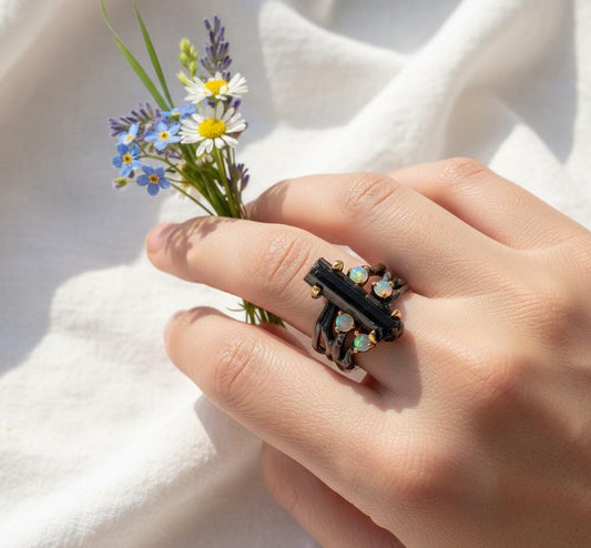 925 Sterling Silver Raw Black Tourmaline Pencil Ring