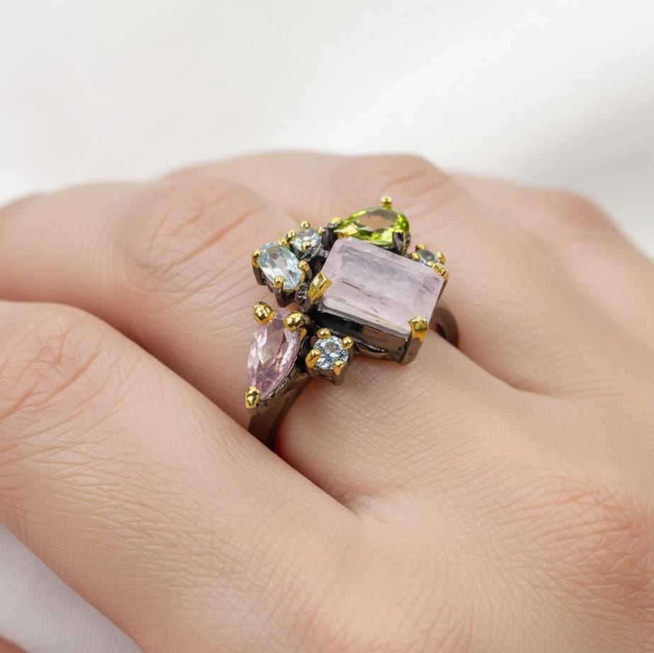 925 Sterling Silver Morganite Cluster Ring